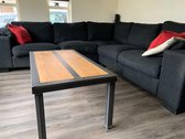 salontafel industrieel  rechthoek met 3 bovenliggers +/- 1200x600mm en eiken blad