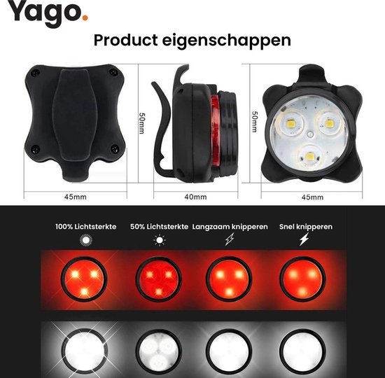 Fietslamp - Verlichting - Wandellamp - LED - Voor & Achter - Set van 2 - IP45 - Bevestiging - Clip - Wit & Rood - 4 modes - USB Oplaadbaar - Met bevestiging — afbeelding 3