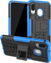 Schokbestendige PC + TPU-bandenpatroonbehuizing voor Galaxy A40, met houder (blauw)