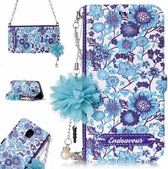 Voor Galaxy J5 (2017) (EU-versie) Blauw en wit porseleinpatroon Horizontale flip lederen tas met houder en kaartsleuven en parelbloem Ornament en ketting