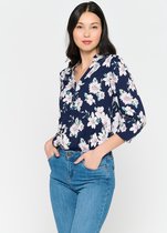 LOLALIZA Blouse met bloemen en driekwartsmouw - Marine Blauw - Maat 38