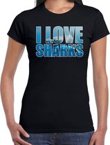 Tekst shirt I love sharks met dieren foto van een haai zwart voor dames - cadeau t-shirt haaien liefhebber M