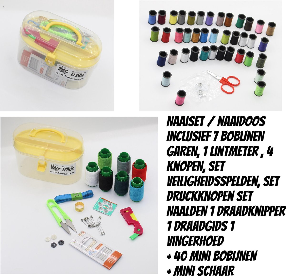 Naaiset / Naaidoos Inclusief 7 Bobijnen Garen, 1 lintmeter , 4 knopen, Set Veiligheidsspelden, Set Drukknopen, Set Naalden , 1 Draadknipper, 1 Draadgids , 1 Vingerhoed + 40 Mini Bobijntjes + Mini Schaar