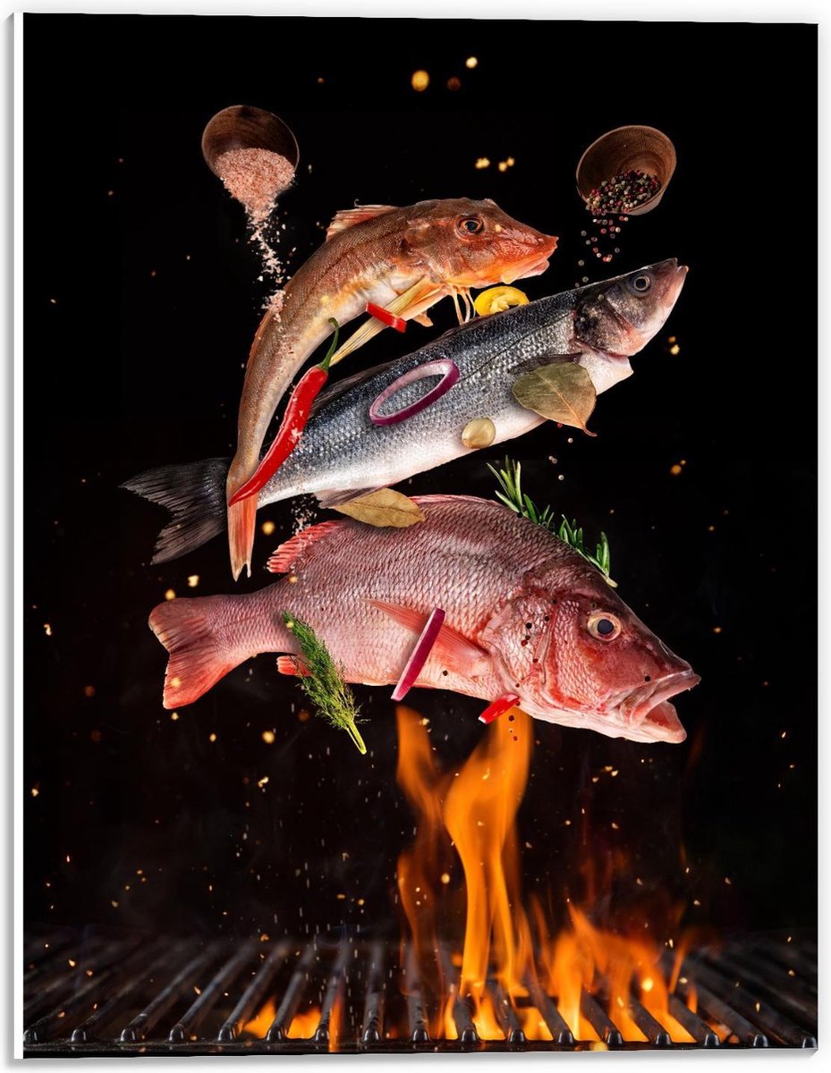 Forex - Vissen met Specerijen op de BBQ - 30x40cm Foto op Forex