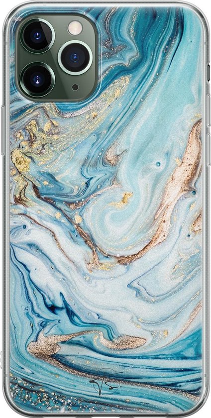 Hoesje geschikt voor iPhone 11 Pro Max - Marmer blauw goud - Soft Case - TPU - Marmer - Blauw - Mooie Telefoonhoesjes