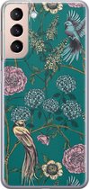 Samsung Galaxy S21 siliconen hoesje - Vogels Japanse bloemen - Soft Case Telefoonhoesje - Blauw - Bloemen