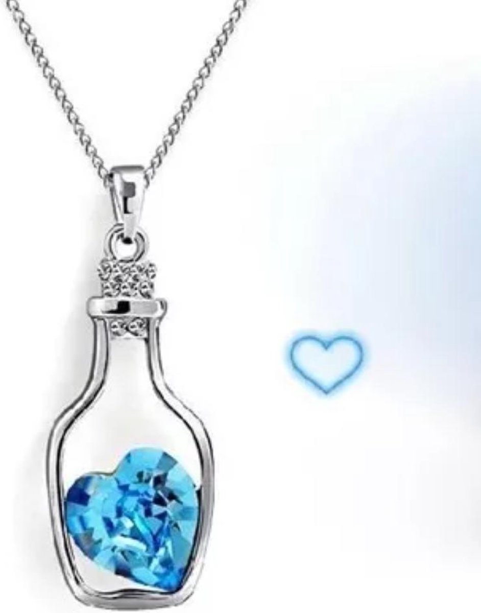 Ketting met hart in fles| Sieraden | Licht Blauw | Liefde | Valentijnsdag / Moederdag Trendy Cadeau| Hanger