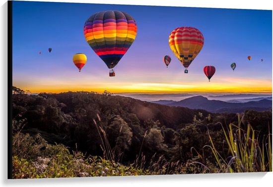 Canvas  - Regenboogkleurige Luchtballonnen boven Berggebied - 120x80cm Foto op Canvas Schilderij (Wanddecoratie op Canvas)