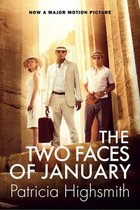 Boekcover met "The Two Faces of January" en "Patricia Highsmith". Drie mensen in zomerse kleding poseren op stenen treden voor een oud gebouw.