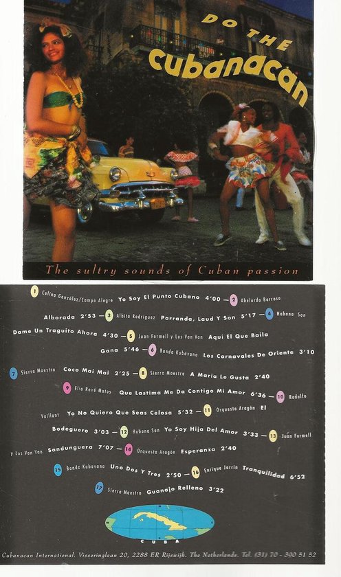 Cover met een vrouw in tropische kleding, dansende mensen en een oldtimer. Tekst: "DO THE cubanacan The sultry sounds of Cuban passion".