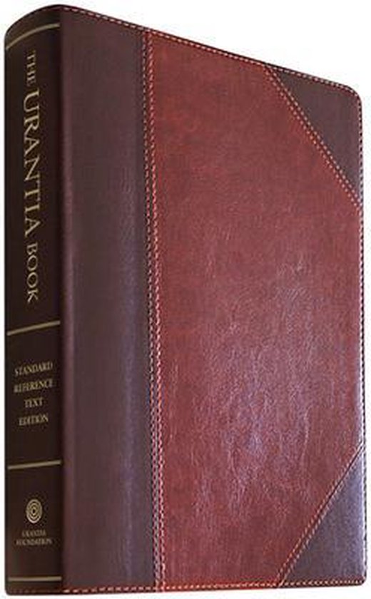The Urantia Book, gebonden in bruin leer met stiksels en contrasterende panelen. Op de rug staat "THE URANTIA BOOK STANDARD REFERENCE TEXT EDITION".
