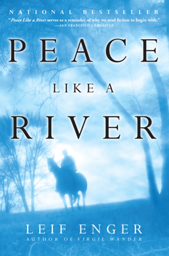 Boek 'Peace Like a River' met een ruiter te paard op een heuvel.