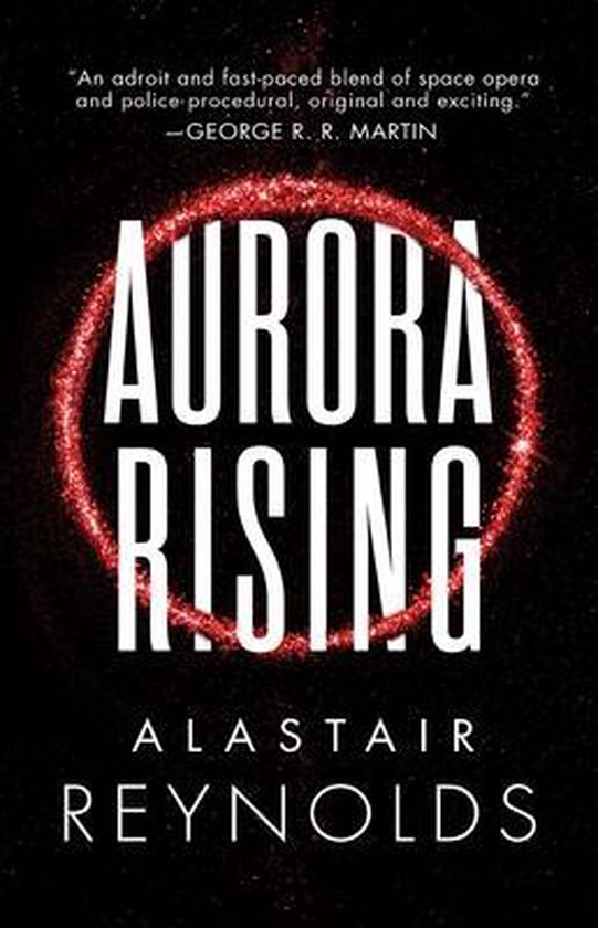 Boekomslag met de titel 'AURORA RISING' in witte letters binnen een rode, glinsterende cirkel tegen een donkere, sterrenhemel.