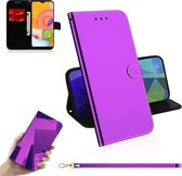 Voor Galaxy A01 Lmitated Mirror Surface Horizontale Flip Leather Case met houder & kaartsleuven & Wallet & Lanyard (paars)