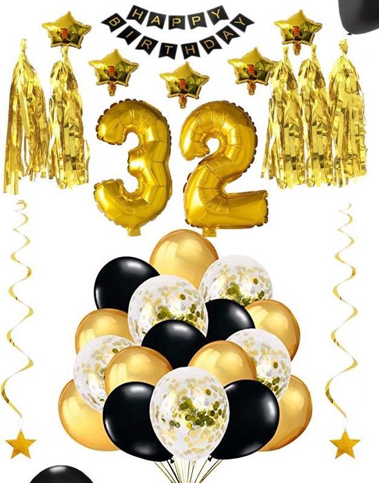 32 jaar verjaardag feest pakket Versiering Ballonnen voor feest 32 jaar. Ballonnen slingers sterren opblaasbare cijfers 32