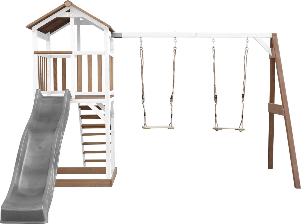 AXI Beach Tower Speeltoestel in Bruin/Wit - Speeltoren met Dubbele Schommel, Grijze Glijbaan en Zandbak - FSC hout - Speelhuis op palen voor de tuin — afbeelding 16