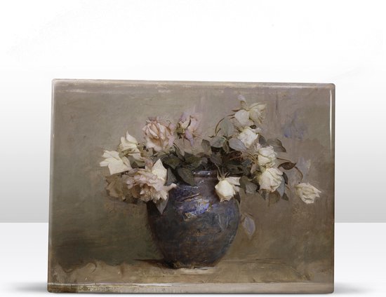Stilleven met rozen - Abbott Handerson Thayer - 26 x 19,5 cm - Niet van echt te onderscheiden schilderijtje op hout - Mooier dan een print op canvas - Laqueprint.