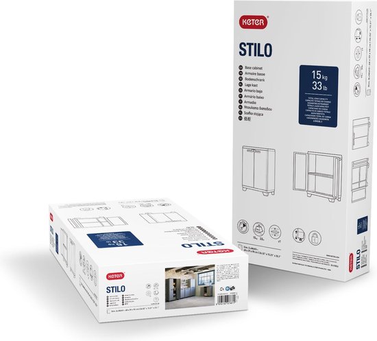 Verpakking en detail van de Keter Stilo Base kast, 15kg draagcapaciteit.