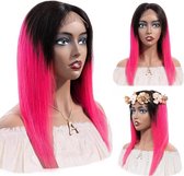 Braziliaanse front lace pruik - Roze met zwarte uitgroei - Steil - Lang - 100% menselijk haar