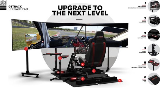 Schematische weergave van de 'Next Level Racing GTTrack Upgrade Path' met cockpit en accessoires.