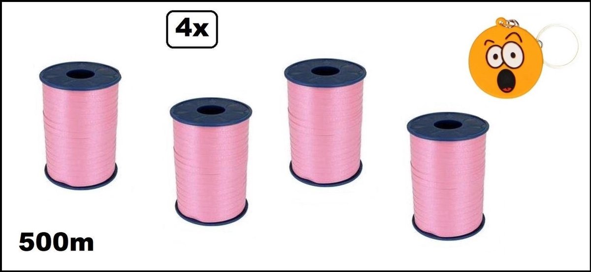 4x Krullint roze 5mmx500meter + sleutelhanger smiley| merk Cotton blue |krullint | kerst thema feest decoratie kado krul lint.