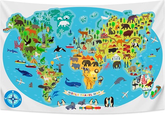 Ulticool - Wereldkaart Kinderkamer Dieren Natuur - Wandkleed - 200x150 cm - Groot wandtapijt - Poster