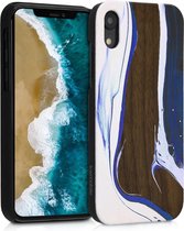 kwmobile hoesje voor Apple iPhone XR - Backcover in wit / blauw / bruin - Houten Penseel design