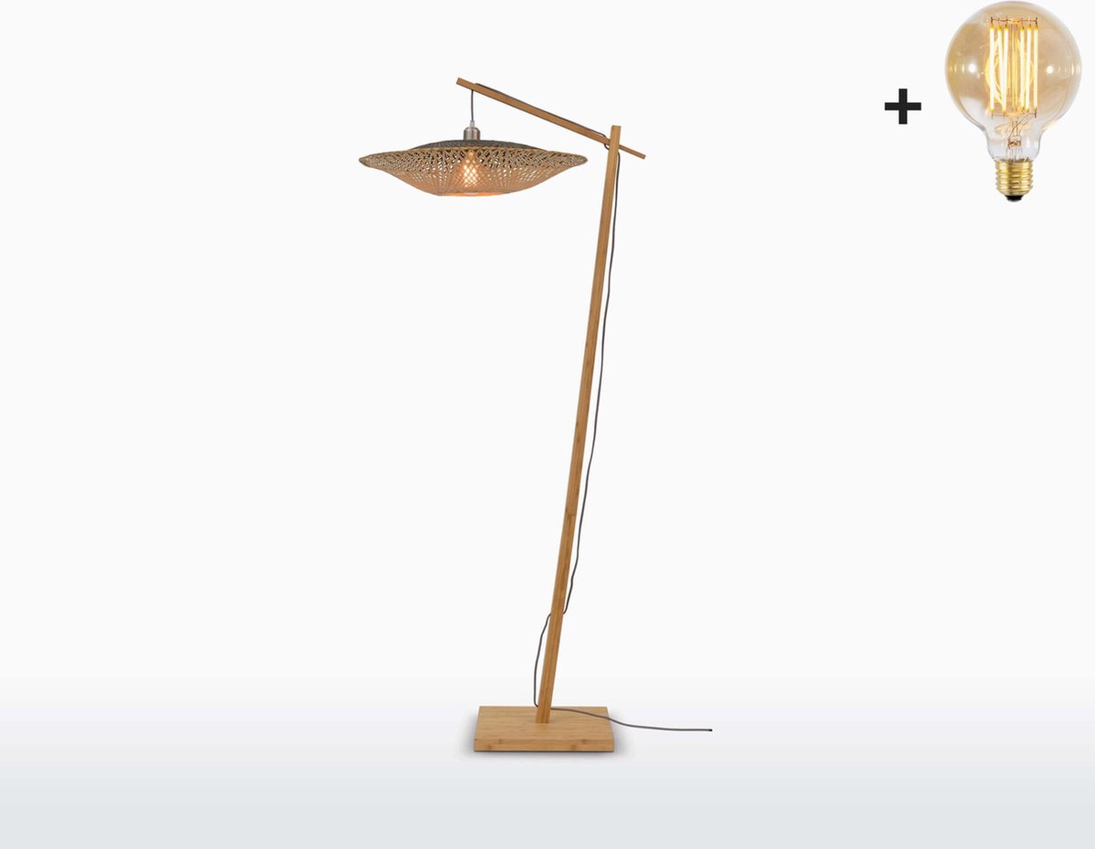 Vloerlamp - KALIMANTAN - Naturel Bamboe Voetstuk - Medium Kap - Met LED-lamp