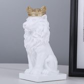 BaykaDecor - Leeuw Beeld - Woondecoratie Witte Leeuw met Gouden Kroon - Decoraties - Koning Sculptuur - Goud Wit Beeldje - 18 cm