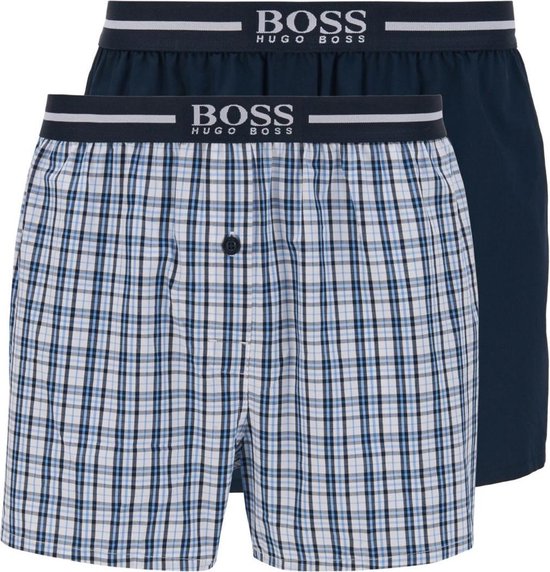 HUGO BOSS boxershorts woven (2-pack) - heren boxers wijd model - navy blauw en geruit - Maat: XXL