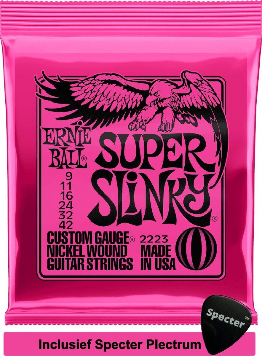 Ernie Ball Super Slinky Electrisch 6stuk(s) Staal Gitaarsnaren met Specter Plectrum