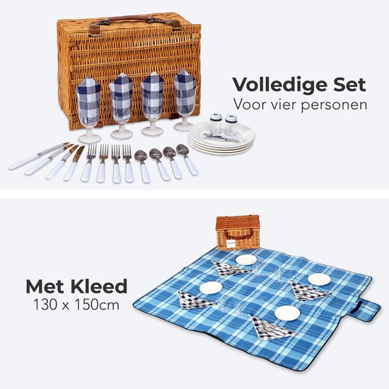 Panier de pique-nique LifeGoods 29 pièces - Set pour 4 personnes - Services de table complète - Incl. Couverture de pique-nique matelassée imperméable - Panier en osier / Cuir PU