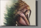 Concept Creation - Schilderij - Indiaan Vrouw Met Hoofdtooi Indigenous Native American Kunstwerk Digitaal - Multicolor - 70 X 100 Cm