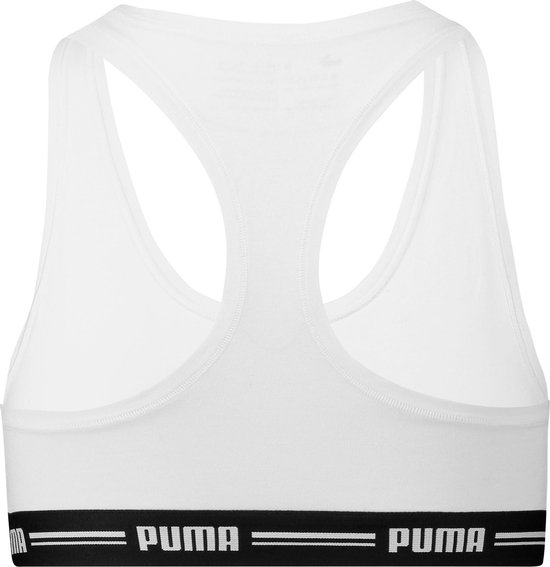 Wit Puma sportbh topje met zwarte band met Puma logo, achterkant.