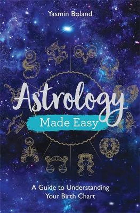 Boek 'Astrology Made Easy' met sterrenbeelden in een cirkel op een donkerblauwe achtergrond met sterren.