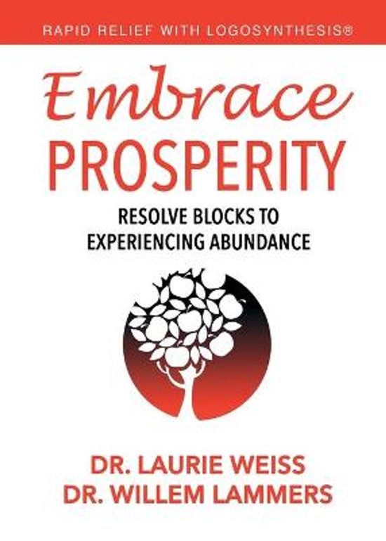 Boek "Embrace PROSPERITY": Resolve Blocks to Experiencing Abundance, met een boom symbool en tekst in rood en zwart.