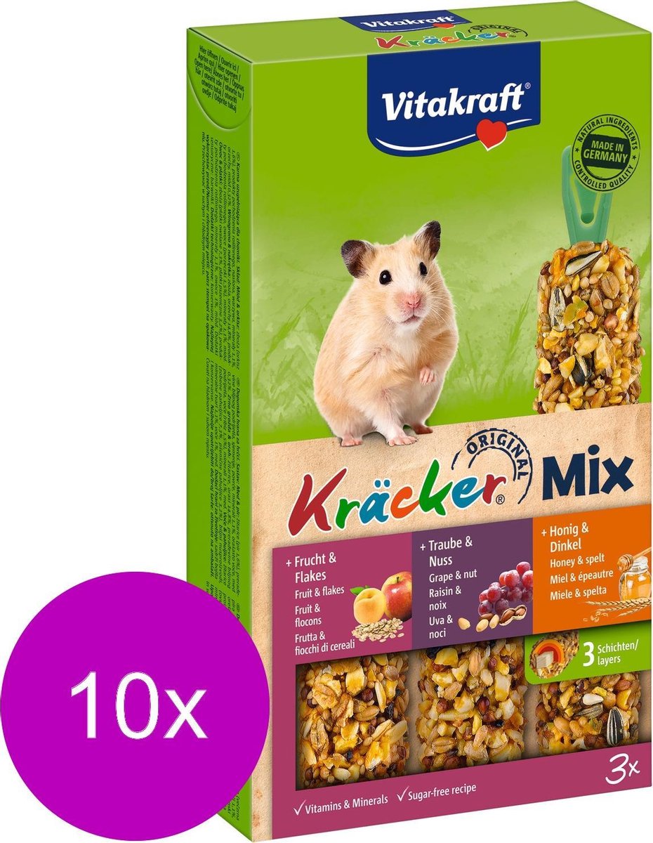 Vitakraft Hamster Kracker 3in1 Mulitvitamine/Honing/Fruit - Knaagdiersnack - 10 x 168 g