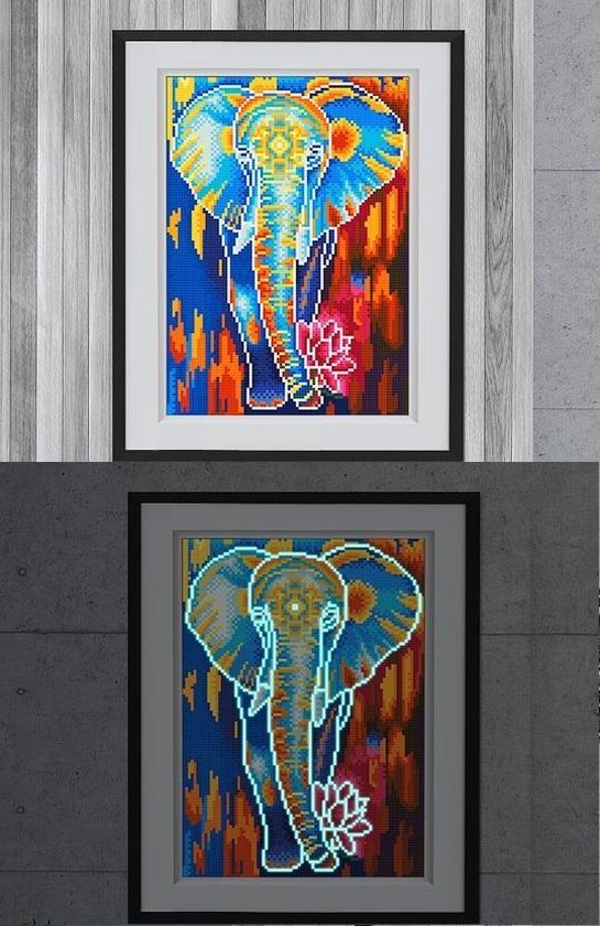 Diamond Painting Pakket - Glow in the Dark - Olifant met Lotus - 26x26 cm - Complete Set - Volledige Bedekking - Ronde Steentjes