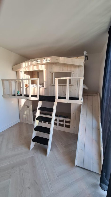 Boomhutbed XXL met Glijbaan | Steigerhout| Kinderbed | Bedhuisje|