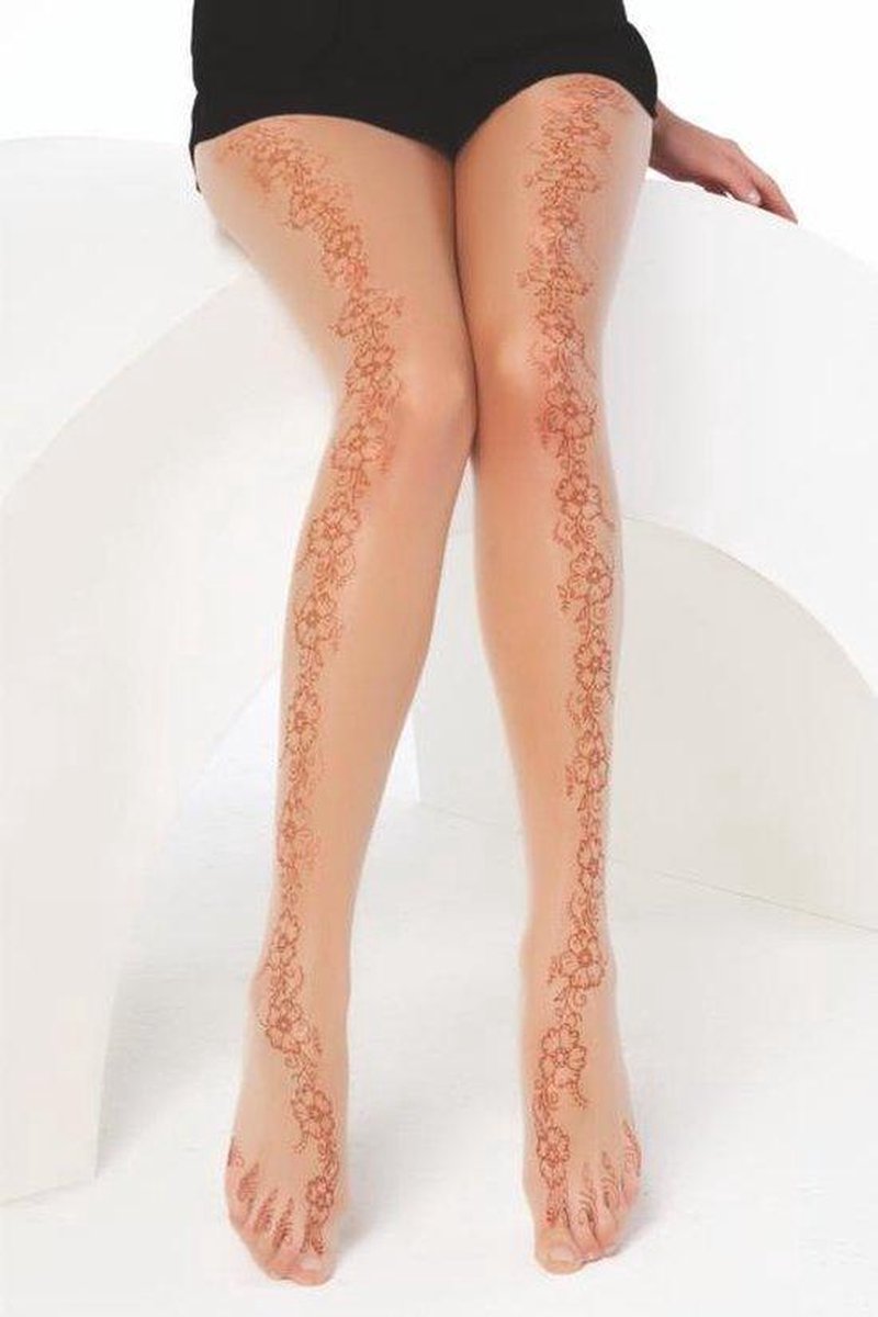 Daymod Fantasie Henna Bloemen Panty - Luxe Fantasie Dames Panty - 15 Denier - NATURAL - Maat M