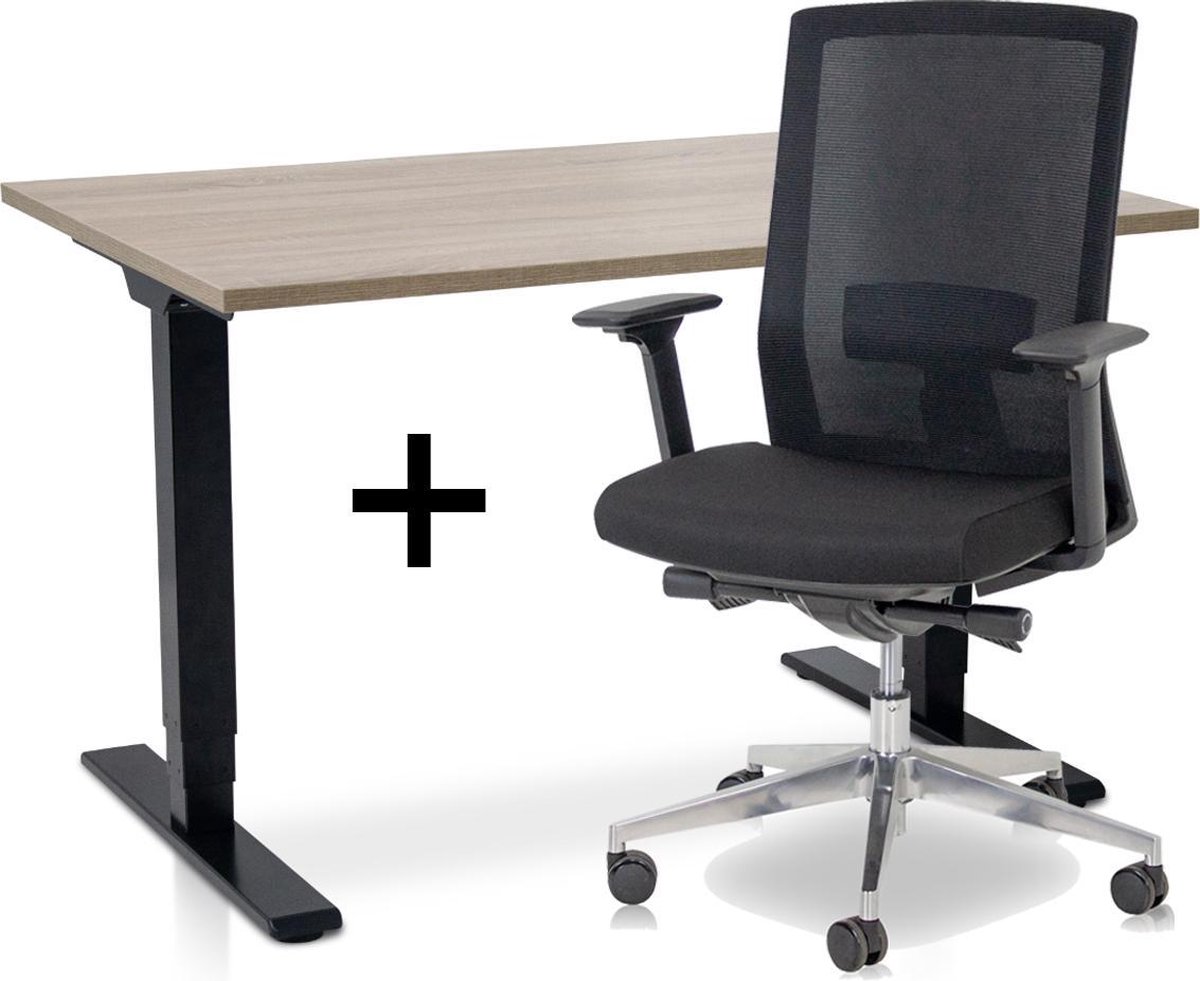 Zit-sta bureau elektrisch verstelbaar +  ERGO Bureaustoel | ARBO COMFORT NEN-EN 527 Thuiswerkset | frame bureau zwart - bureaublad midden eiken| 140x80 cm