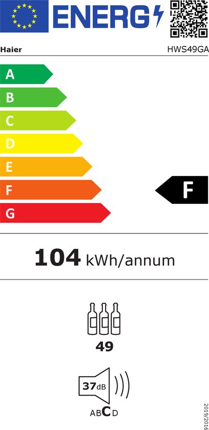 Haier HWS49GA - Wijnkoelkast - 49 flessen - Energieklasse F - Natuurlijke luchtstroomtechnologie - Houten schappen - 1 zone - Anti-vibratie - Anti-UV glas - Vochtbalans technologie - Zwart - 10 Jaar Garantie op onderdelen