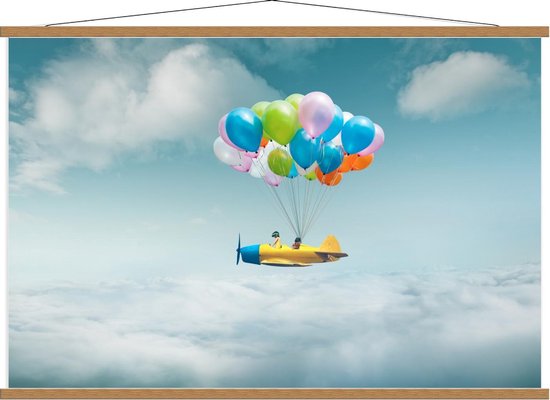 Schoolplaat – Vliegtuigje aan Ballonnen - 120x80cm Foto op Textielposter (Wanddecoratie op Schoolplaat)