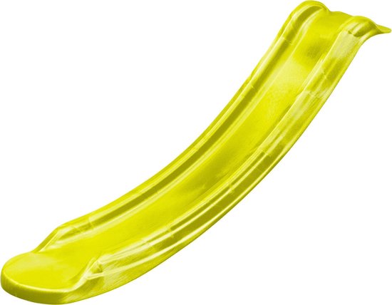 Gele kunststof glijbaan met verhoogde zijkanten en een gebogen afloop.