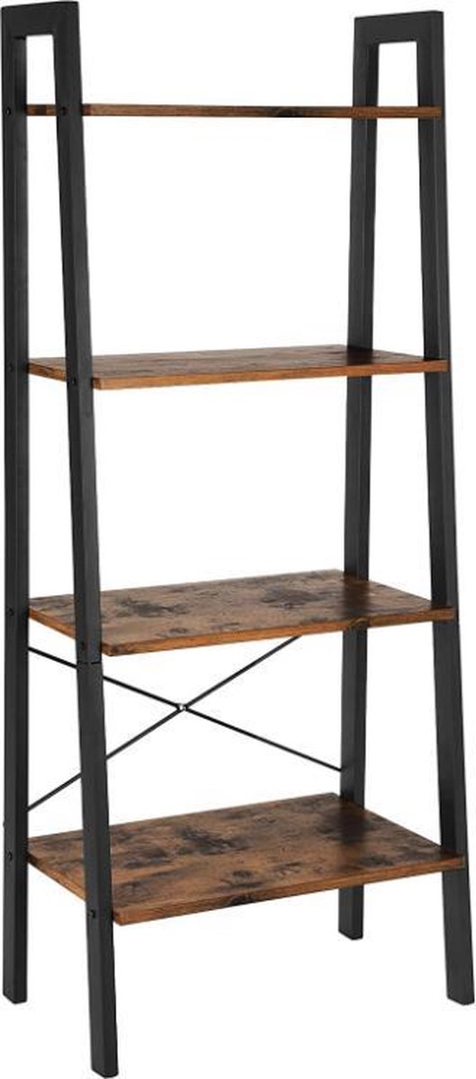 Staand rek, boekenkast, 4 niveaus ladderrek, stabiel metalen frame, eenvoudige montage, voor woonkamer, slaapkamer, keuken, vintage bruin zwart LLS44X