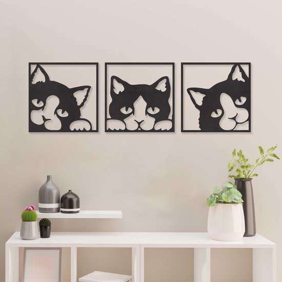 Wanddecoratie - Katten Panelen 3 Delen - Hout - Wall Art - Muurdecoratie - Zwart - 73 x 24 cm