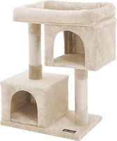 krabpaal met groot platform en 2 pluche grotten speelhuis, klimboom voor katten beige PCT61M