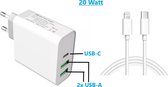 Dubbele Apple iPhone oplader lightning kabel en stekker 30 watt (!) - iPhone lader en stekker 30 watt - 1m - USB C én dubbel USB A adapter