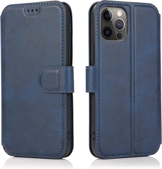 Étui de téléphone bleu foncé style portefeuille, fermé par une bande magnétique, avec coutures sur les bords.