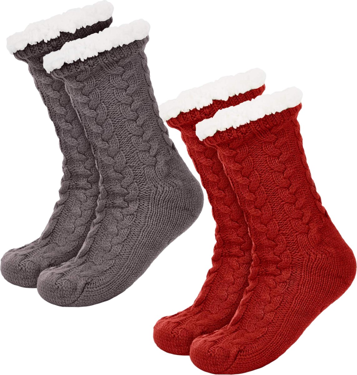 JAXY Huissokken - Huissokken Dames en Heren - Verwarmde sokken - Anti Slip Sokken - Fleece Sokken - Dikke Sokken - Fluffy Sokken - Slofsokken - Warme Sokken - Bedsokken - Gevoerde Sokken - Winter Sokken - 2 Paar - Grijs en Rood